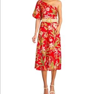 Antonio Melani Rae Linen One Shoulder Short Puff Sleeve Floral Belted Midi Dress